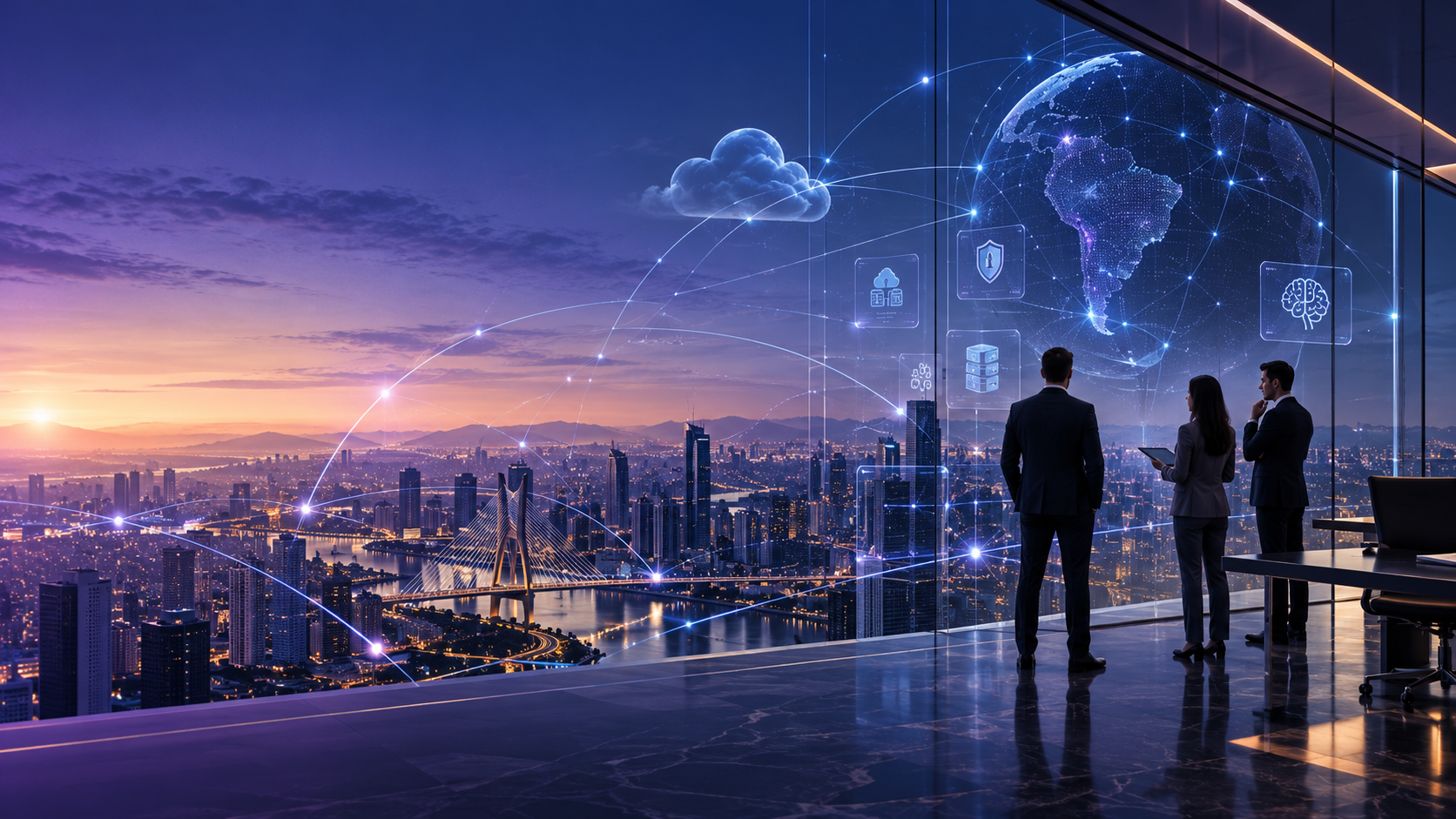Executivos em um ambiente corporativo com redes digitais, inteligência artificial, cloud e segurança, representando a consultoria estratégica Fortic.